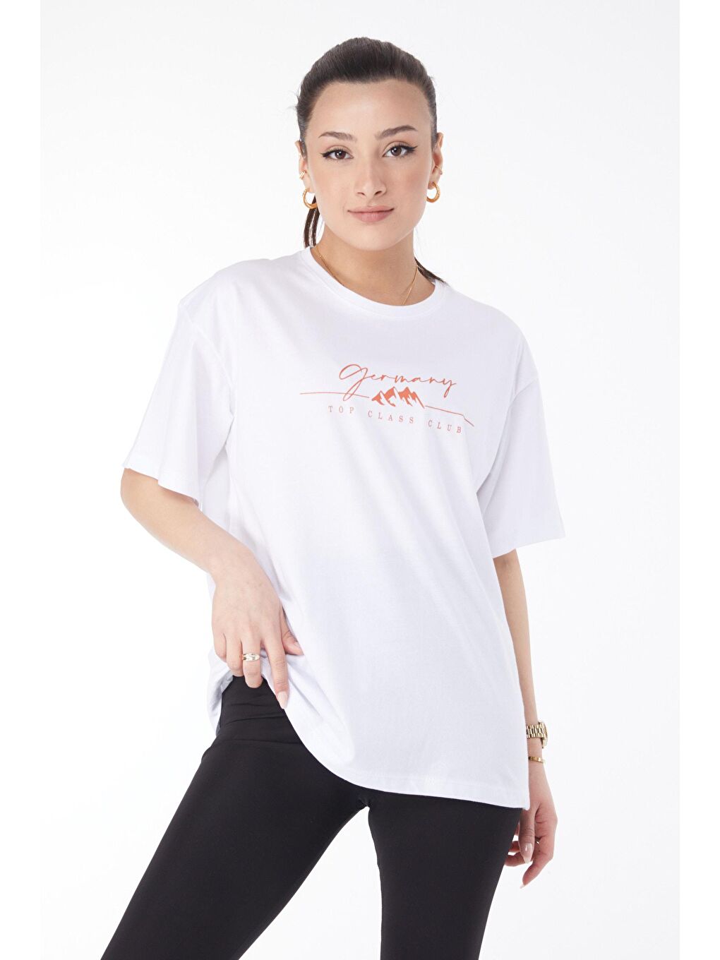 TOFİSA Beyaz Düz Bisiklet Yaka Kadın Beyaz Kısa Kollu Baskılı T-shirt - 24633 - 1