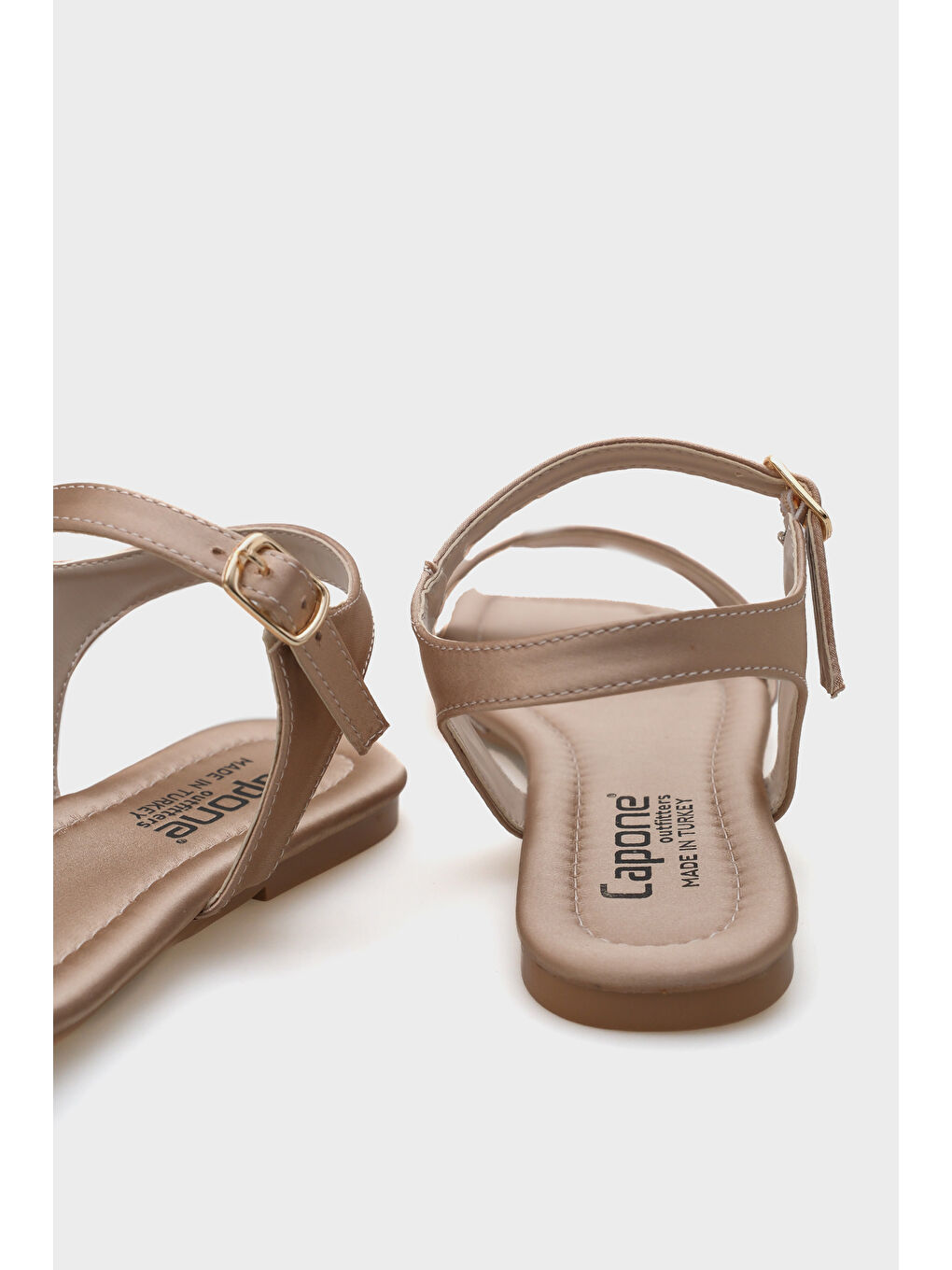 Bej Celinda Bilekten Bantlı Küt Burunlu Düz Topuklu Saten Kadın Sandalet-4