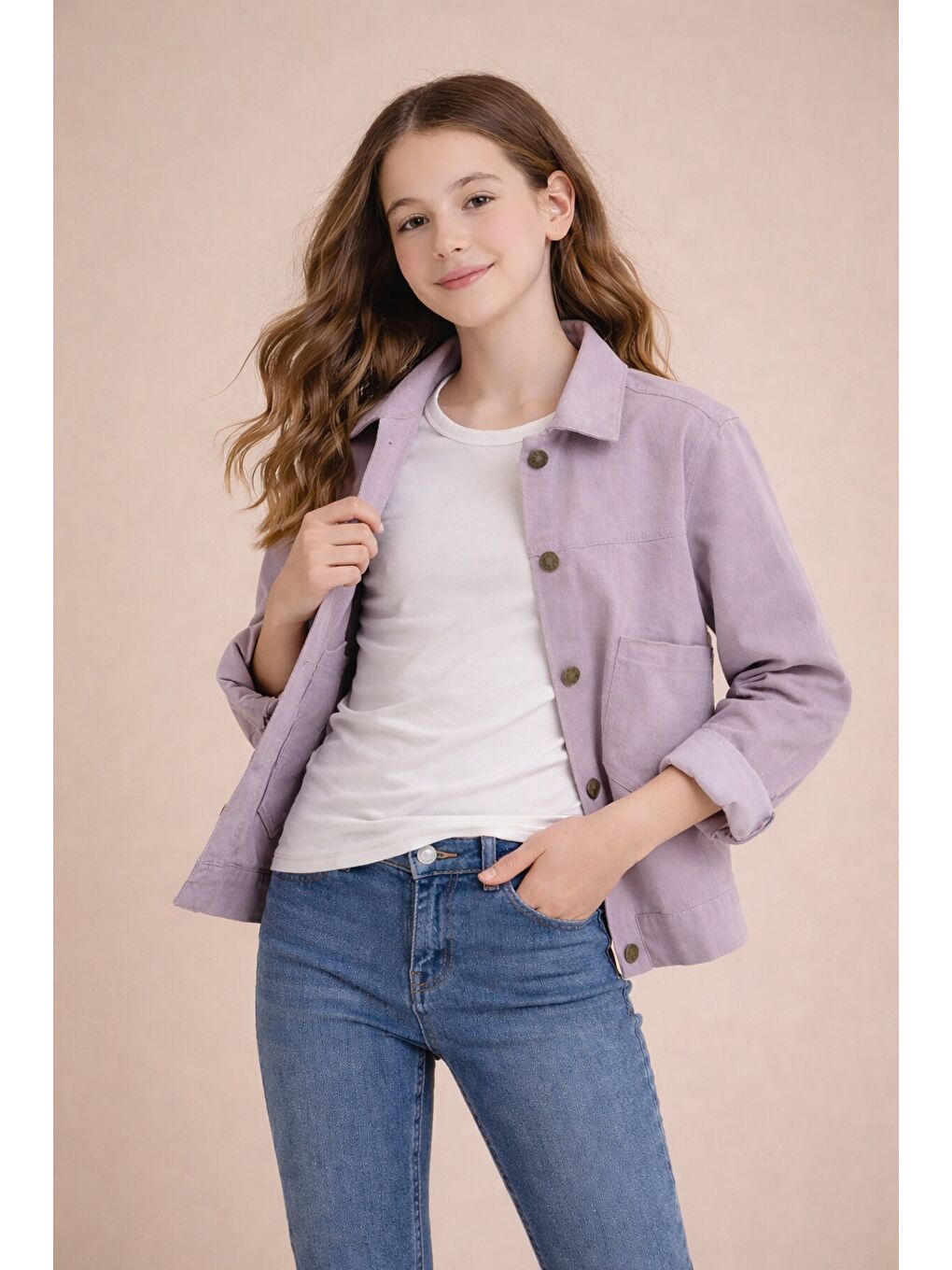 Pembe Sırtı Düğme Detaylı Kız Çocuk Gabardin Kumaş Ceket 23569-1