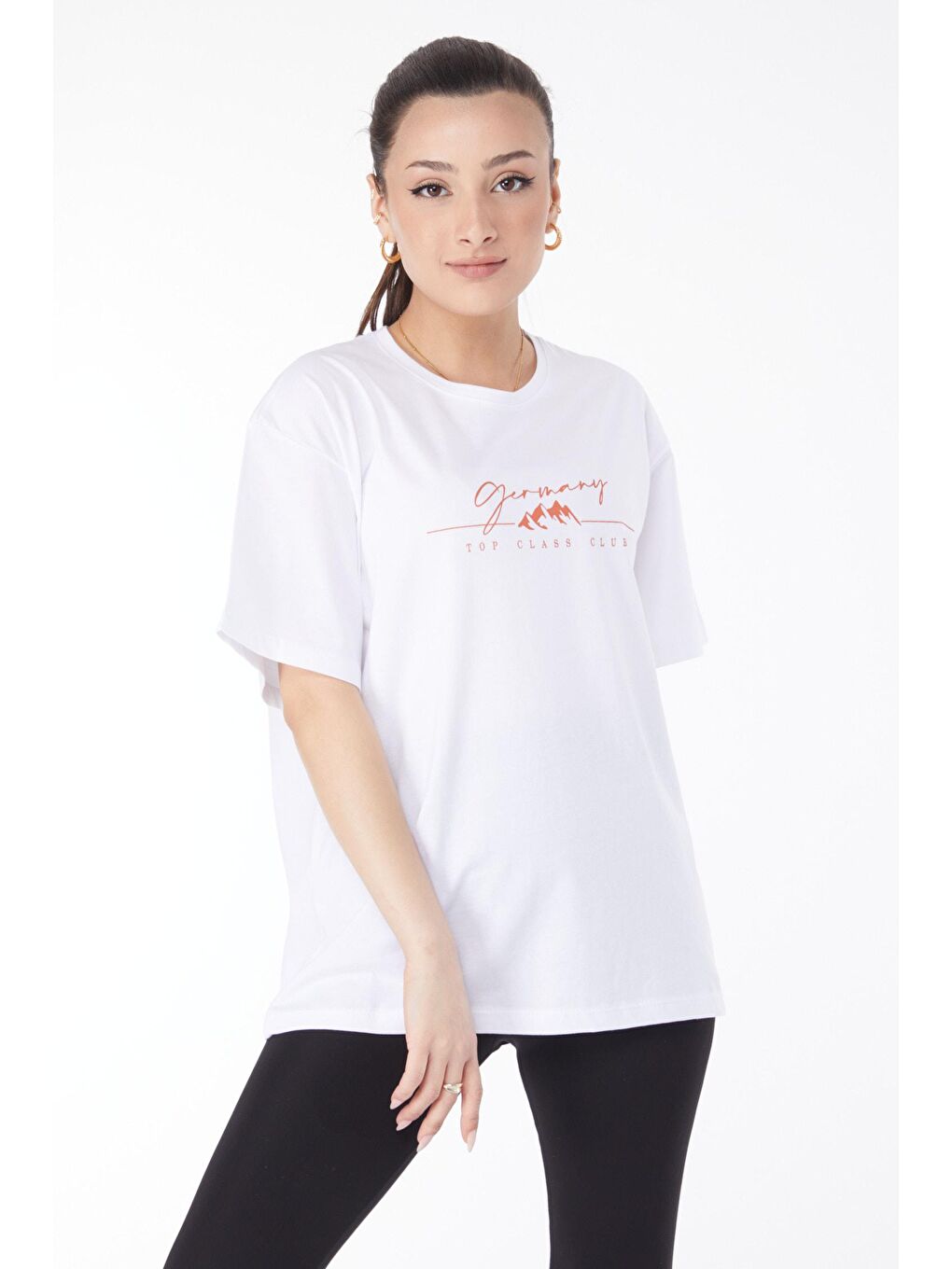 TOFİSA Beyaz Düz Bisiklet Yaka Kadın Beyaz Kısa Kollu Baskılı T-shirt - 24633 - 2