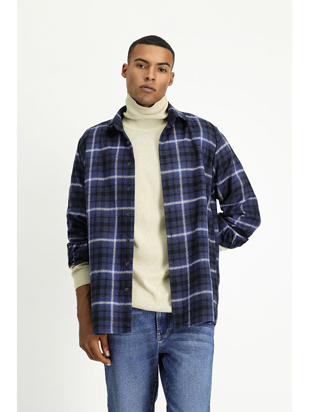 Lacivert Uzun Kol Regular Fit Shacket Oduncu Ekose Pamuk Gömlek