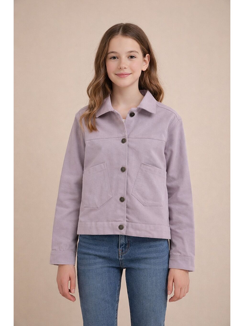 Pembe Sırtı Düğme Detaylı Kız Çocuk Gabardin Kumaş Ceket 23569-2