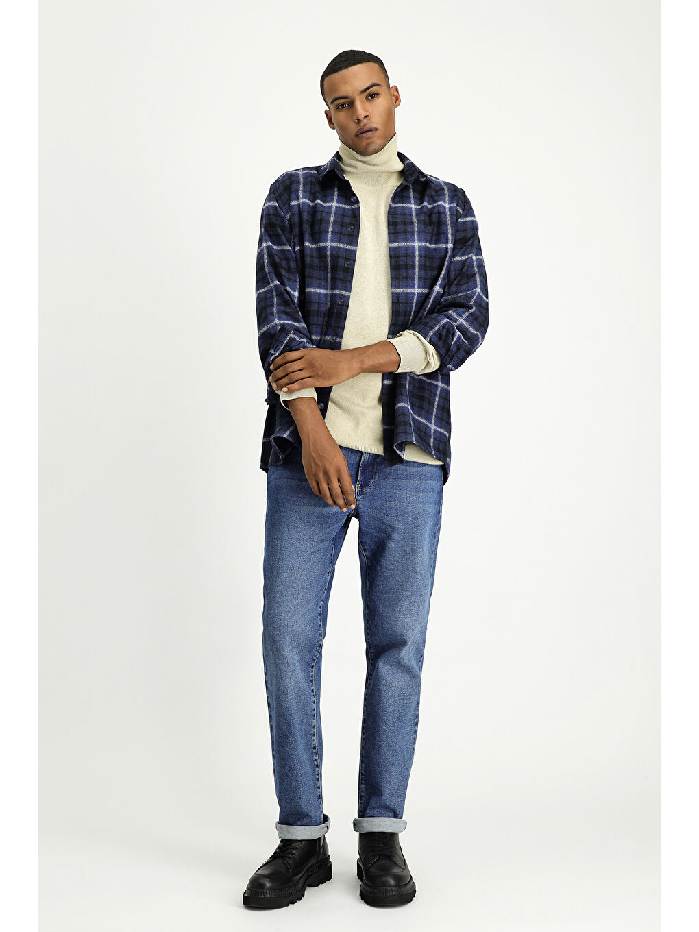 Lacivert Uzun Kol Regular Fit Shacket Oduncu Ekose Pamuk Gömlek-1