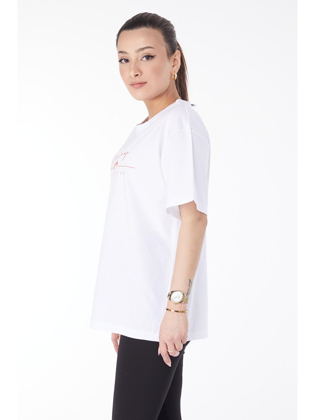 TOFİSA Beyaz Düz Bisiklet Yaka Kadın Beyaz Kısa Kollu Baskılı T-shirt - 24633 - 3