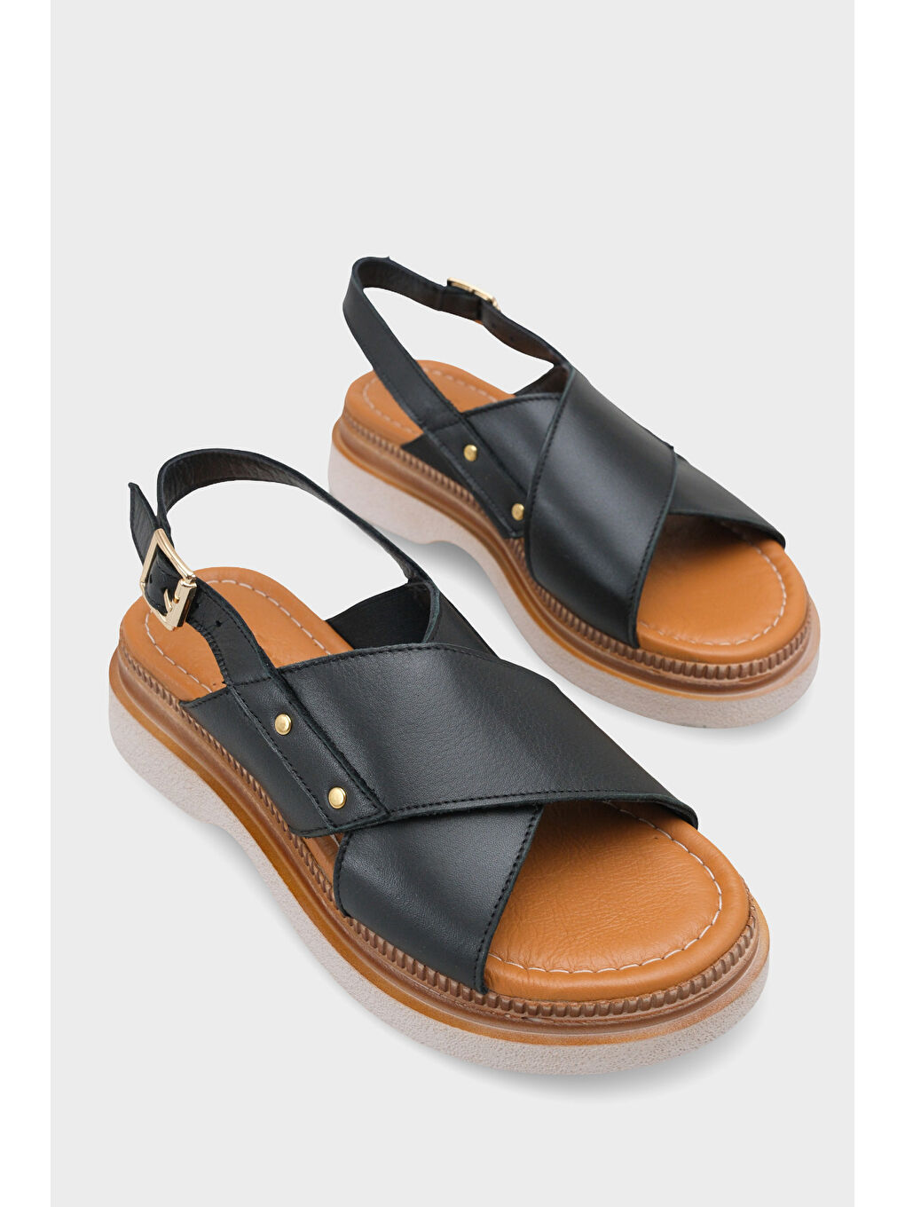 Siyah Katy Hakiki Deri Soft Konfor Dolgu Topuk Kadın Sandalet-1