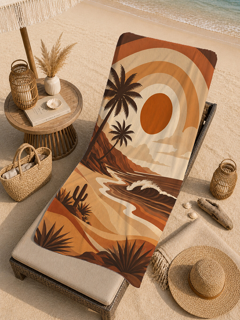 Turuncu Retro Akşam Işığı Palmiye Ve Okyanus Dalgası Desenli 70x150 Plaj Havlusu - Pamuklu Banyo Havlusu-3