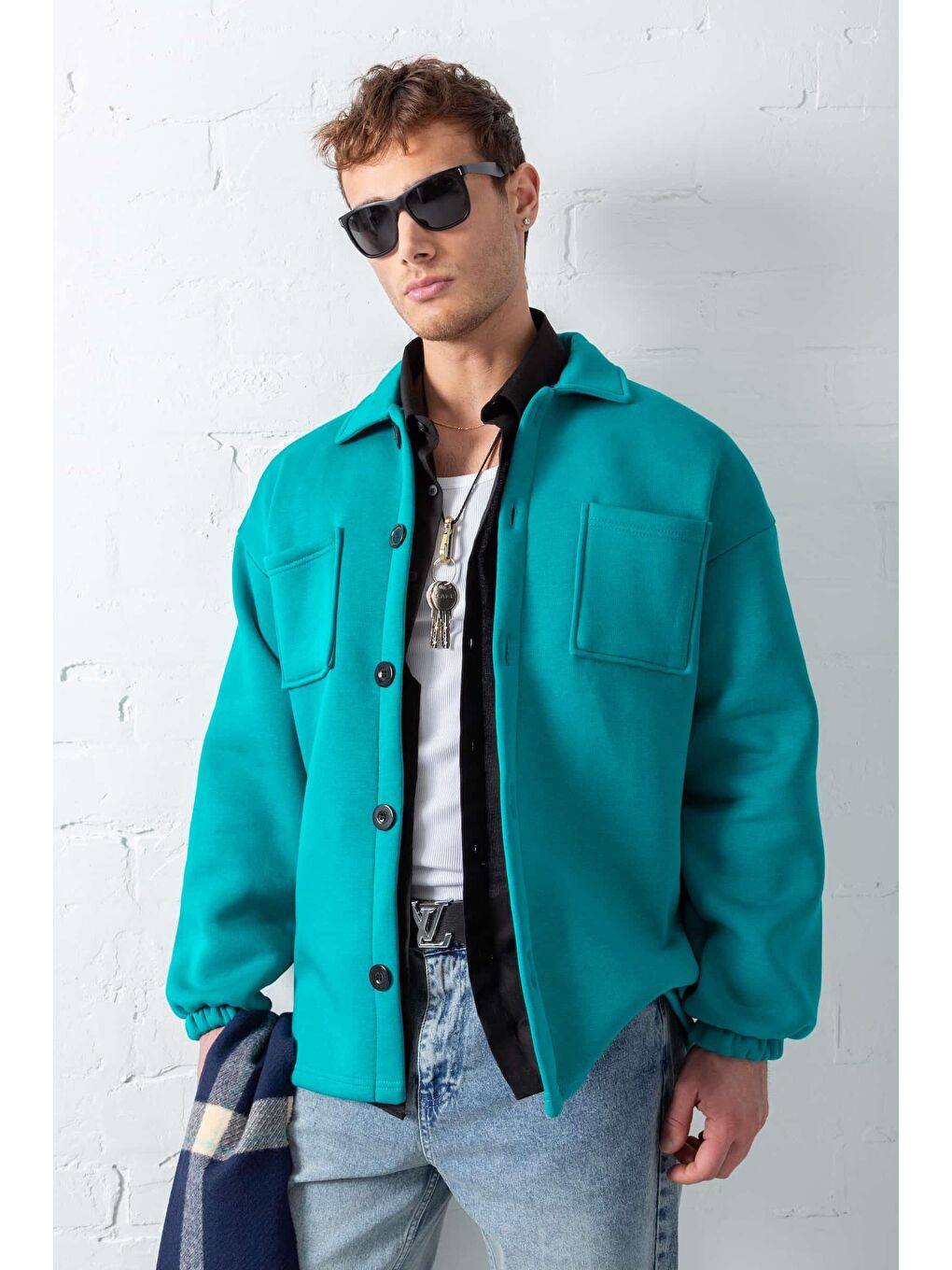 Turkuaz Erkek Oversize Basic Rahat Ceket Su Yeşili-1