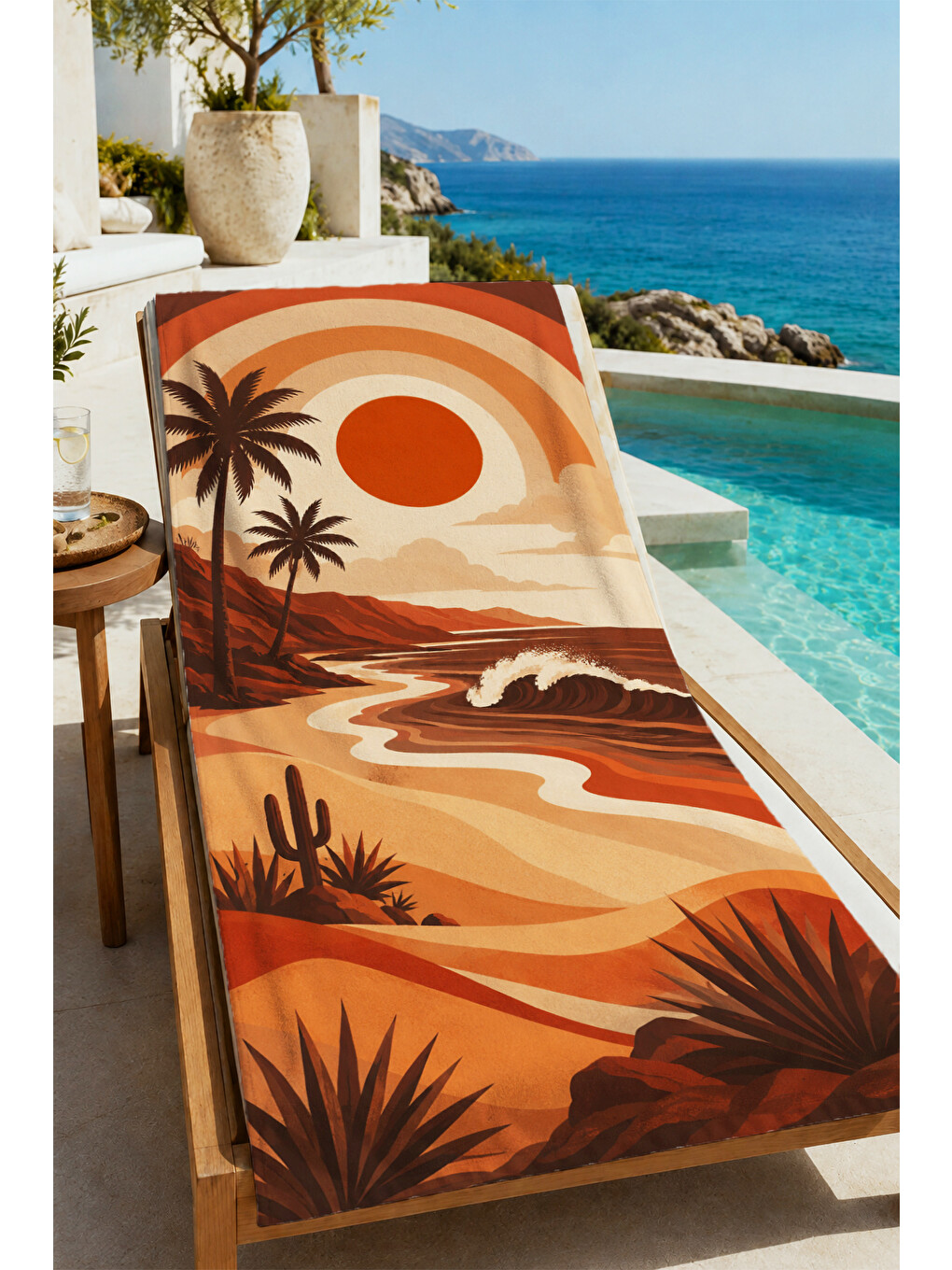 Turuncu Retro Akşam Işığı Palmiye Ve Okyanus Dalgası Desenli 70x150 Plaj Havlusu - Pamuklu Banyo Havlusu-4