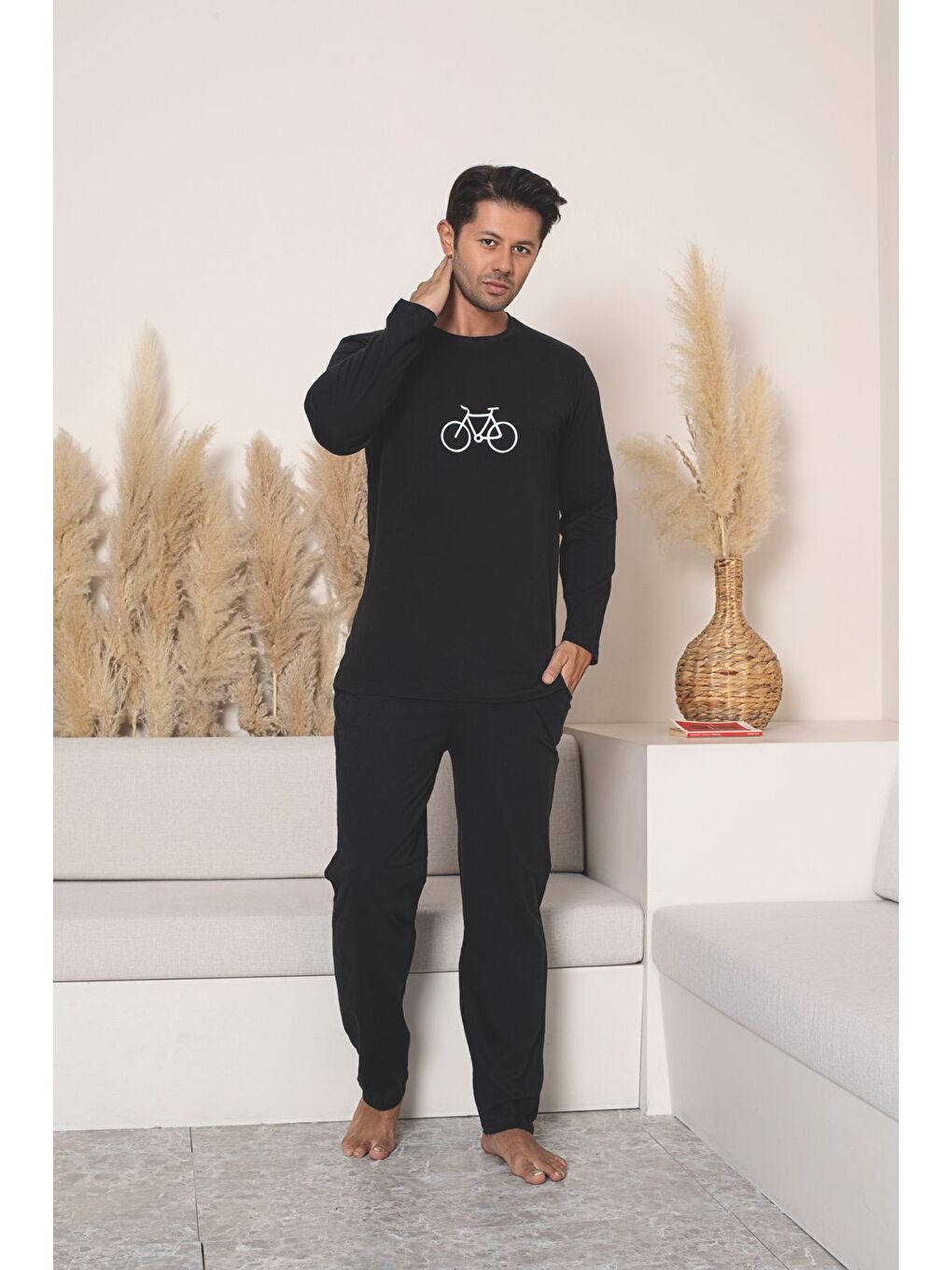 Erkek Siyah %100 Pamuk Uzun Kollu Kaliteli Rahat Battal Battal Pijama Takımı