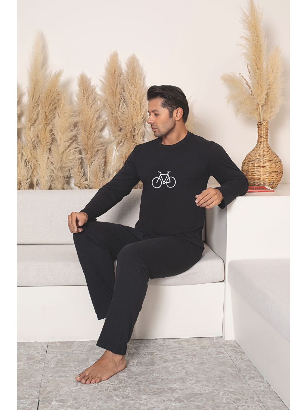 Erkek Siyah %100 Pamuk Uzun Kollu Kaliteli Rahat Battal Battal Pijama Takımı-1