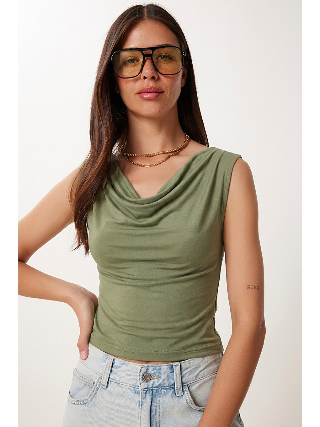 Yeşil Degaje Yaka Sandy Örme Bluz ÇAĞLA YEŞİLİ LRN0033