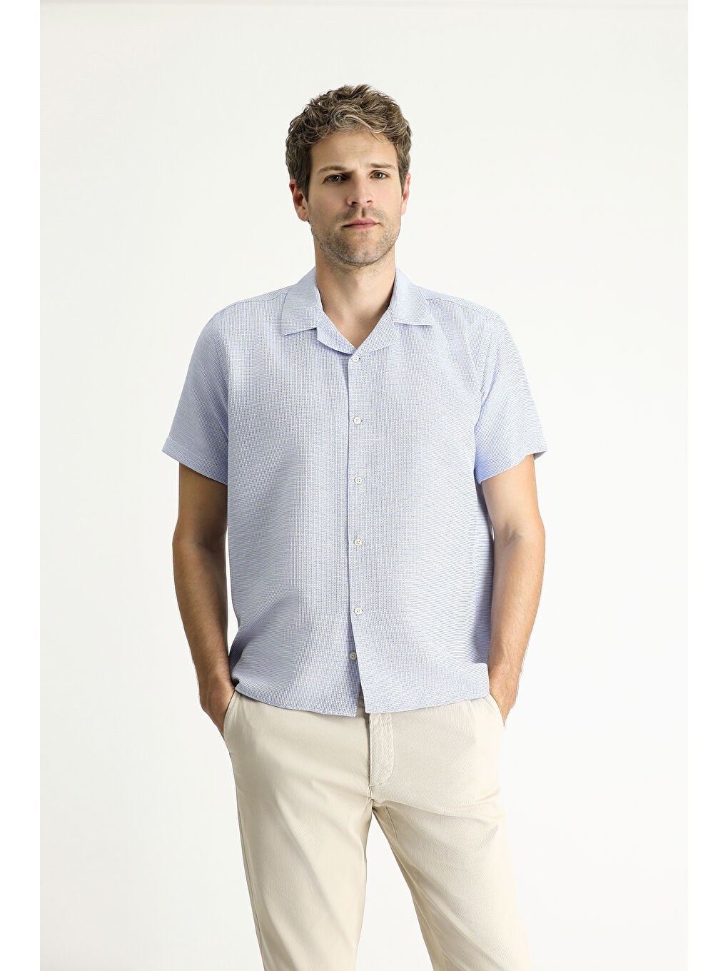Mavi Kısa Kol Regular Fit Desenli Spor Pamuklu Kolay Ütülenebilir Gömlek