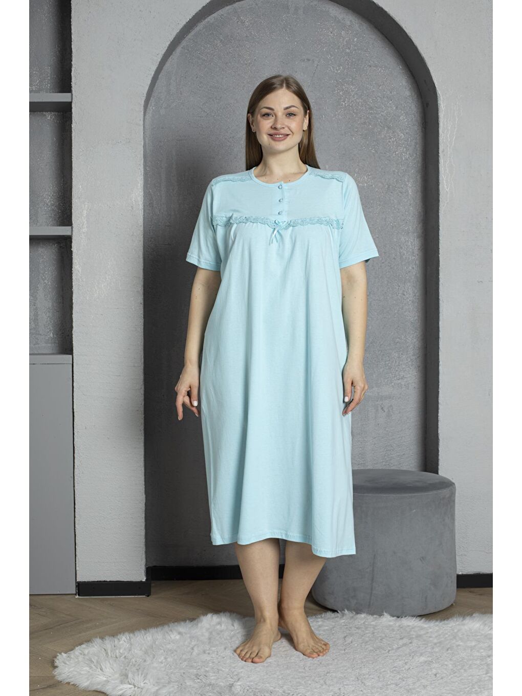 Yeşil %100 Pamuklu Penye Kısa Kollu Büyük Beden Anne Geceliği 520-1