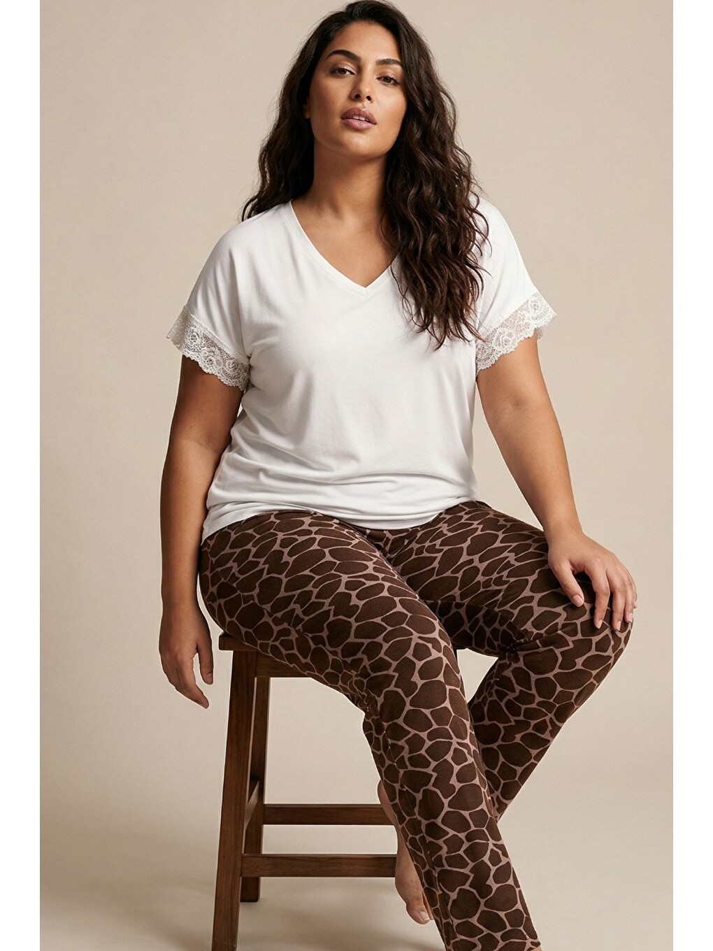 Ekru Desenli Büyük Beden Battal Boy Viskon Örme Pijama Takım