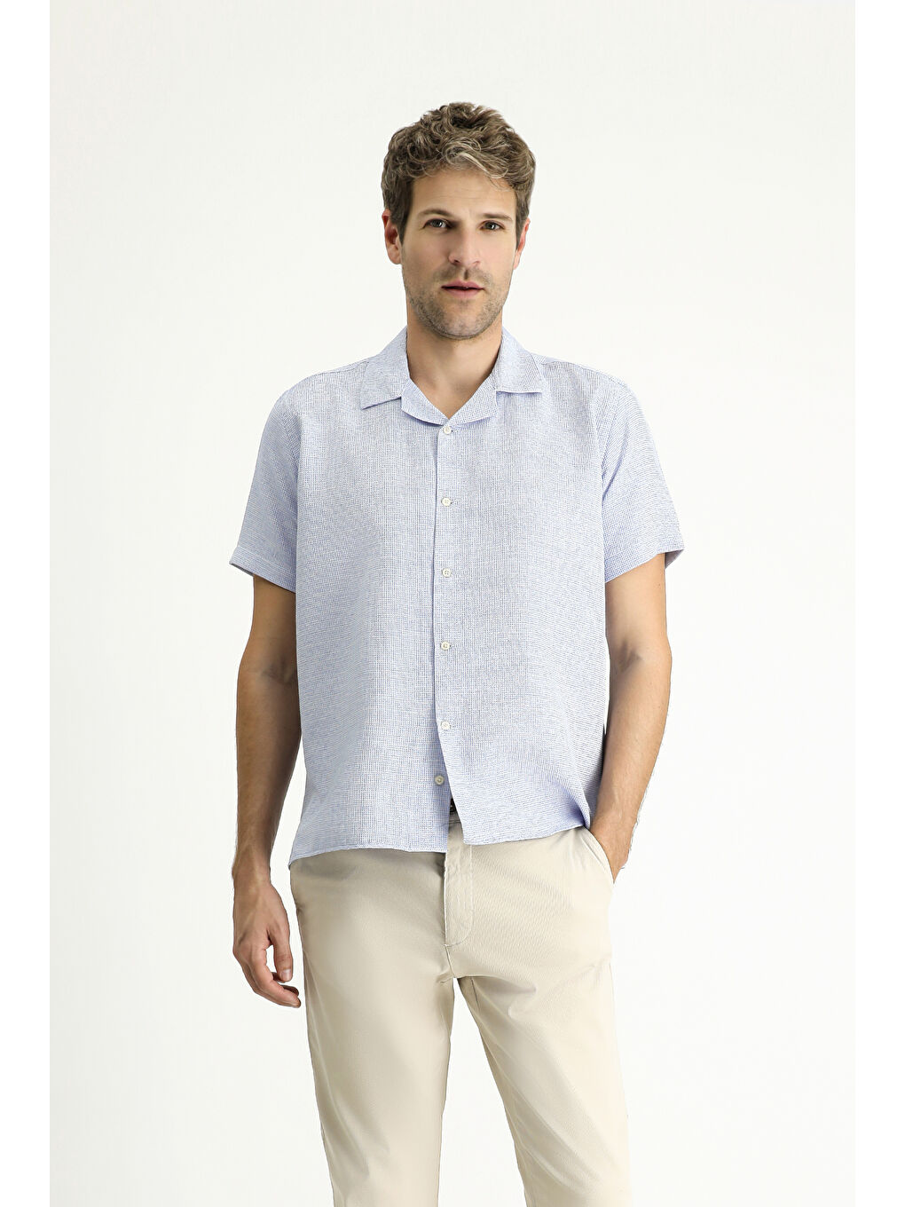 Mavi Kısa Kol Regular Fit Desenli Spor Pamuklu Kolay Ütülenebilir Gömlek-2