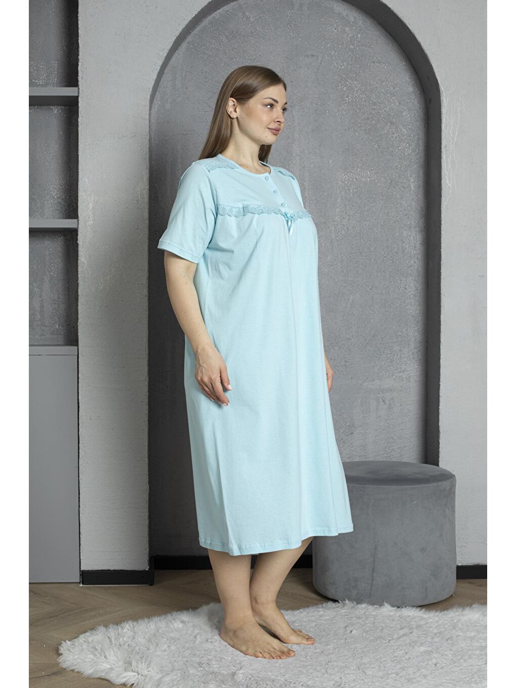 Yeşil %100 Pamuklu Penye Kısa Kollu Büyük Beden Anne Geceliği 520-2