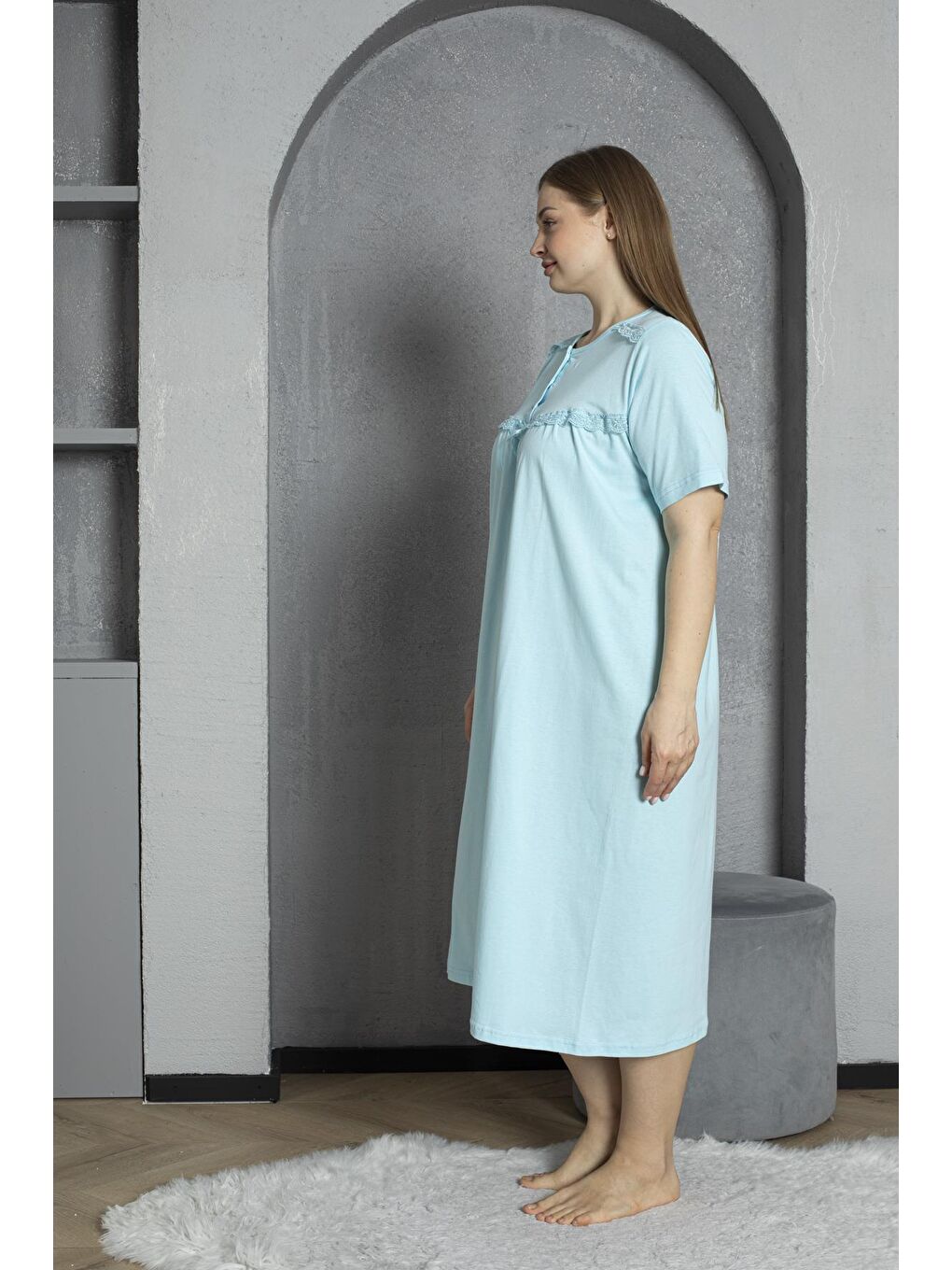 Yeşil %100 Pamuklu Penye Kısa Kollu Büyük Beden Anne Geceliği 520-3