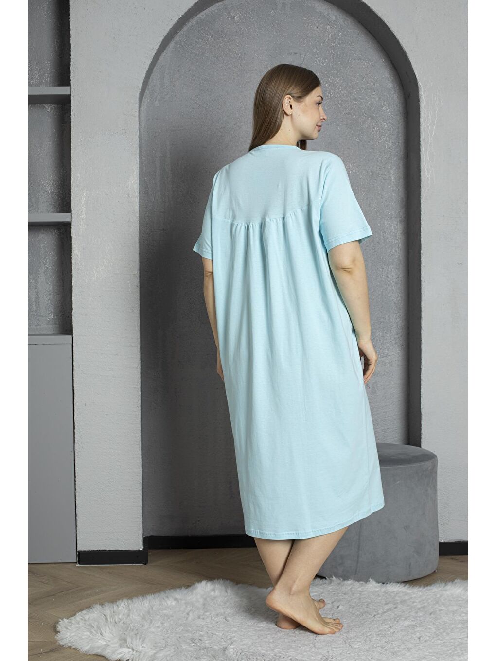 Yeşil %100 Pamuklu Penye Kısa Kollu Büyük Beden Anne Geceliği 520-4