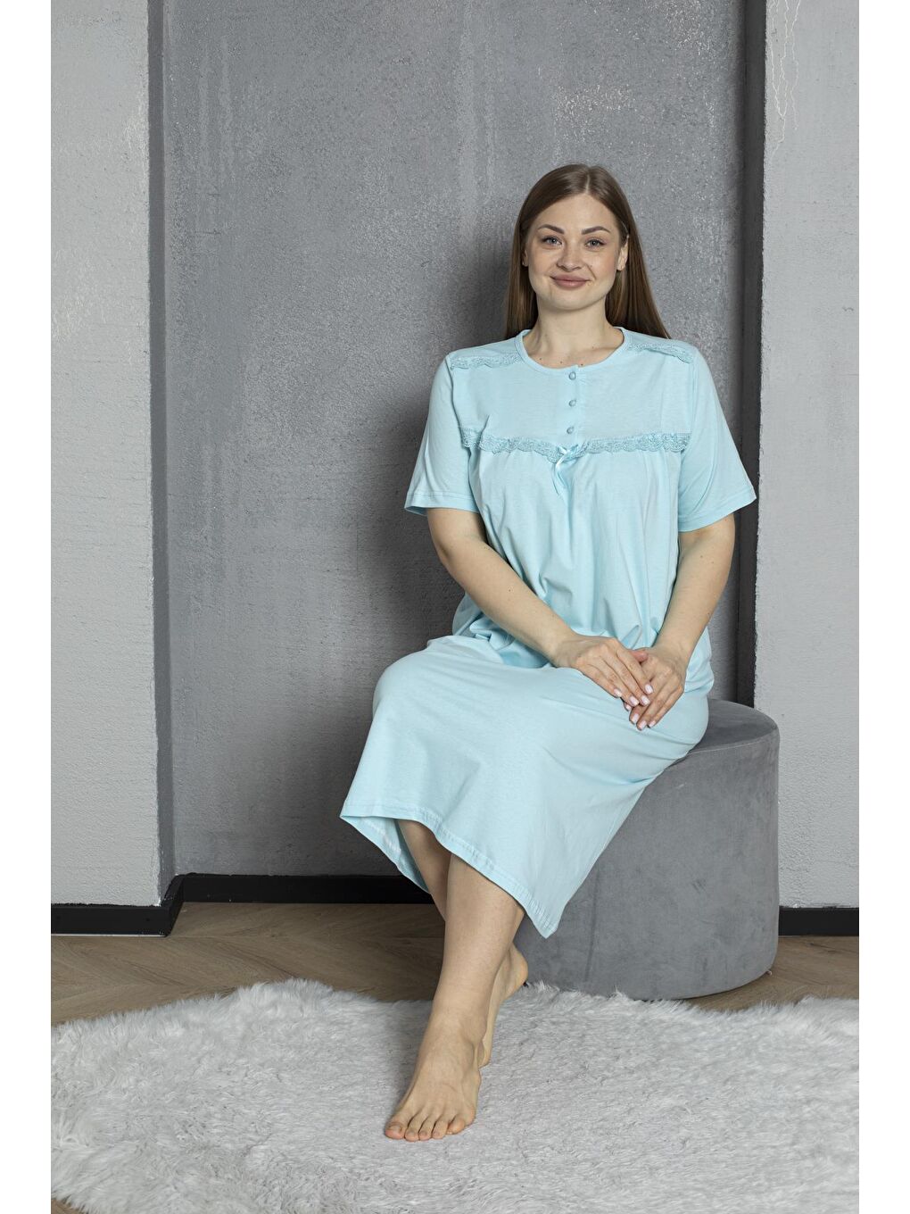 Yeşil %100 Pamuklu Penye Kısa Kollu Büyük Beden Anne Geceliği 520-5