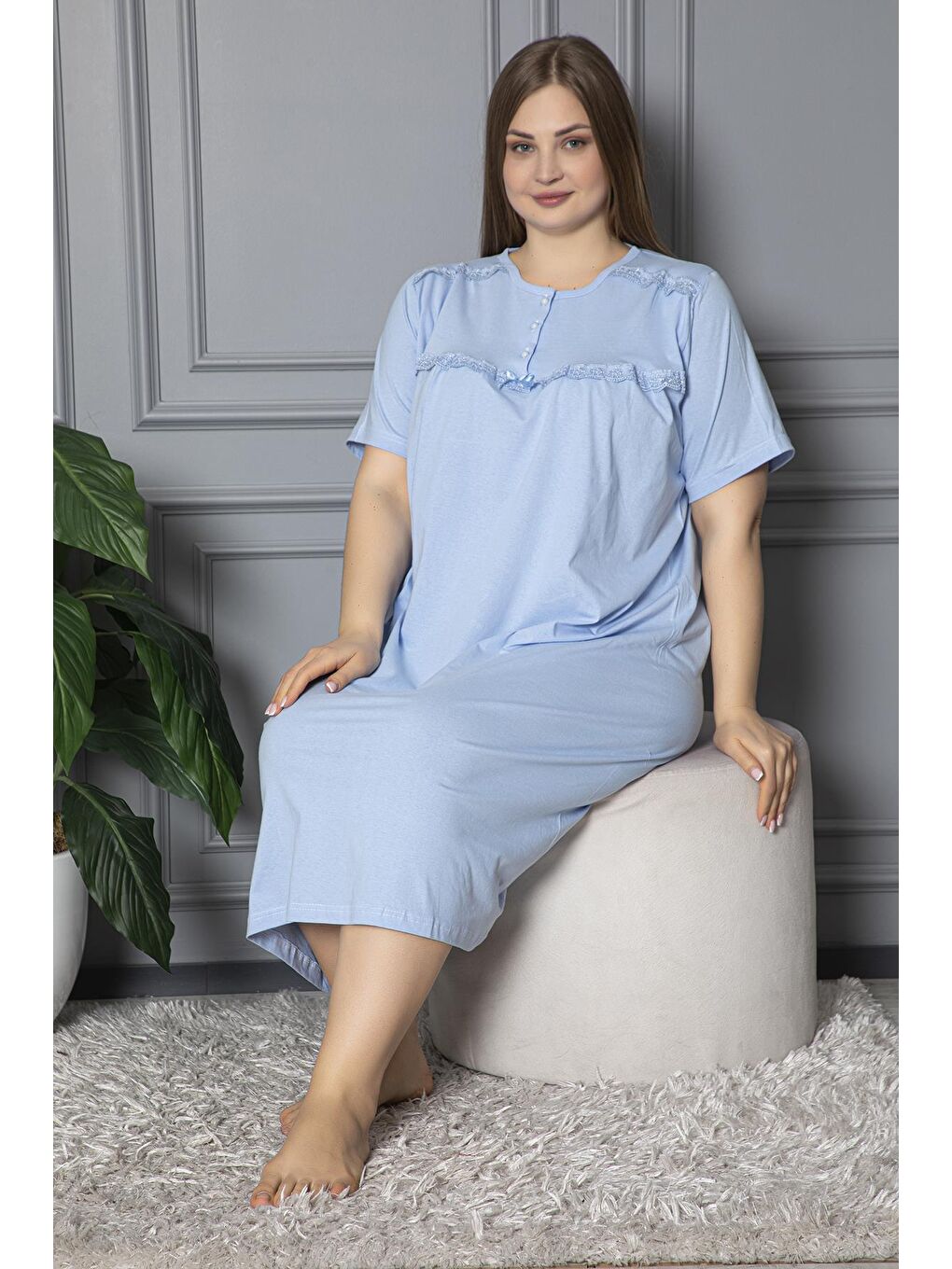Mavi %100 Pamuklu Penye Kısa Kollu Büyük Beden Anne Geceliği 520-1