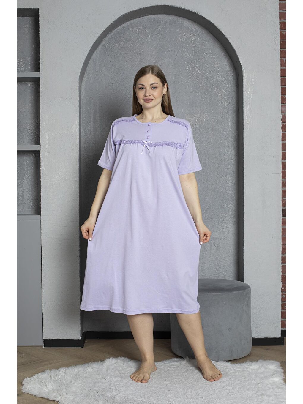 Lila %100 Pamuklu Penye Kısa Kollu Büyük Beden Anne Geceliği 520