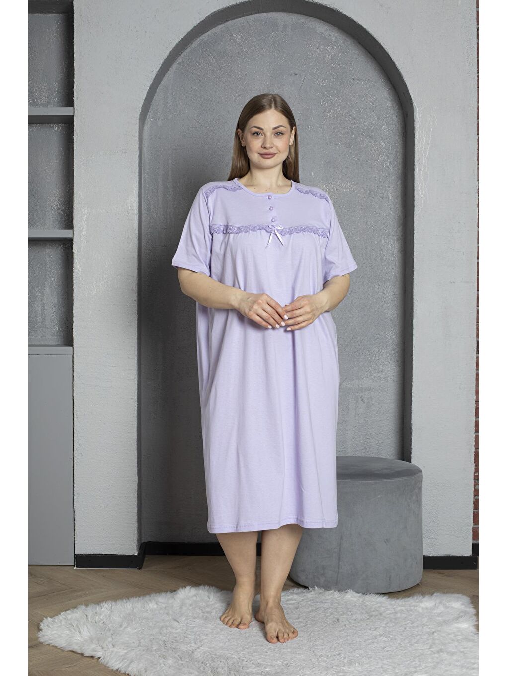Lila %100 Pamuklu Penye Kısa Kollu Büyük Beden Anne Geceliği 520-1
