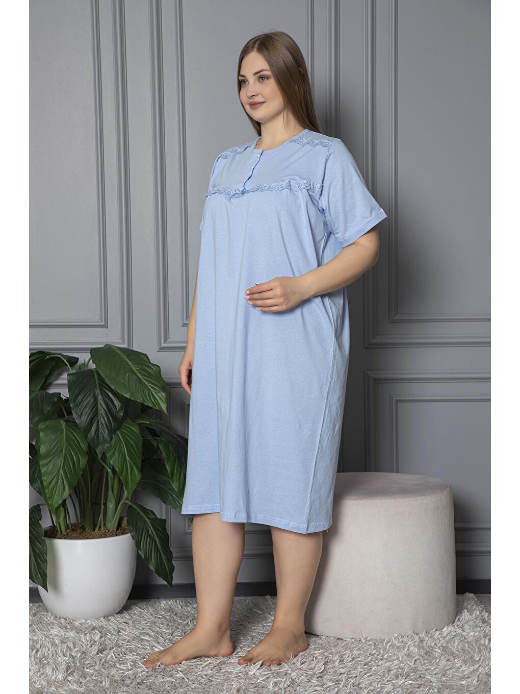 Mavi %100 Pamuklu Penye Kısa Kollu Büyük Beden Anne Geceliği 520-3
