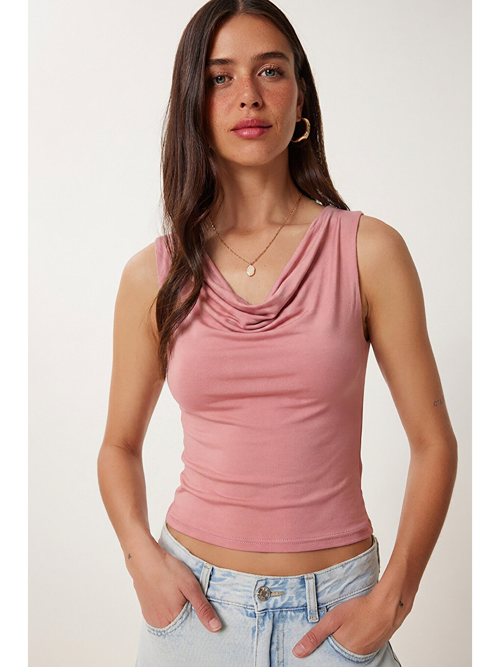 Pembe Degaje Yaka Sandy Örme Bluz GÜL KURUSU LRN0033-1