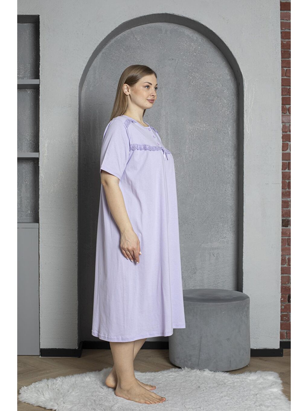 Lila %100 Pamuklu Penye Kısa Kollu Büyük Beden Anne Geceliği 520-2