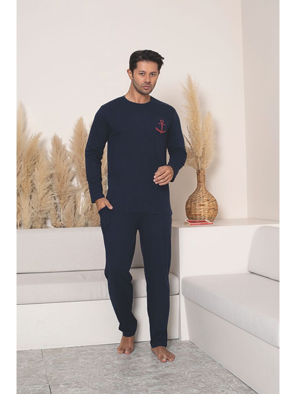 Erkek %100 Pamuk Lacivert Uzun Kollu Kaliteli Rahat Pijama Takımı