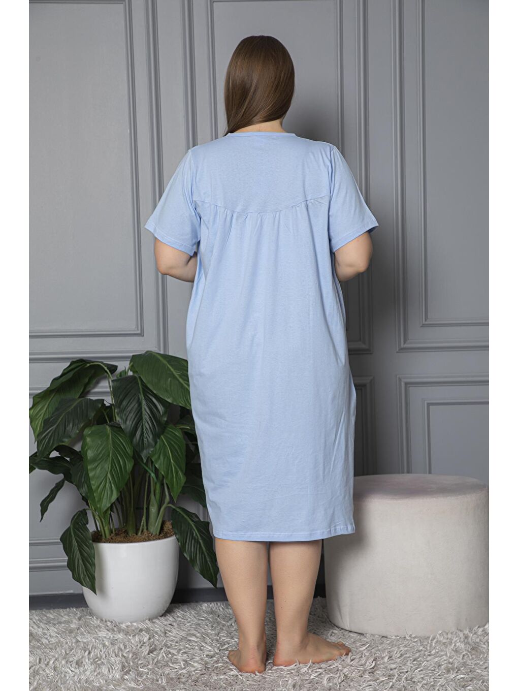 Mavi %100 Pamuklu Penye Kısa Kollu Büyük Beden Anne Geceliği 520-4