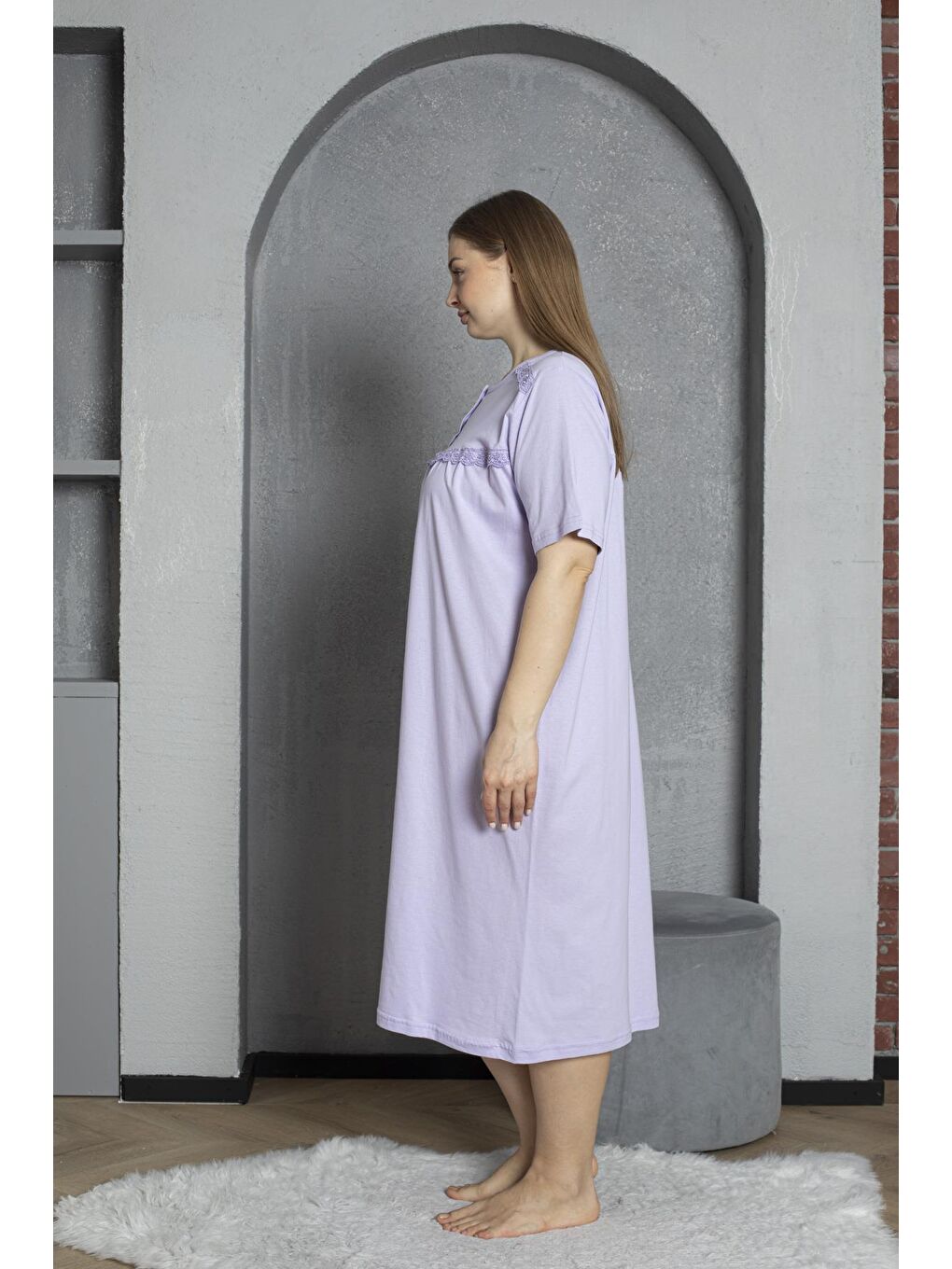 Lila %100 Pamuklu Penye Kısa Kollu Büyük Beden Anne Geceliği 520-3