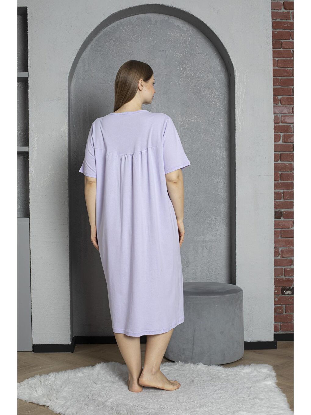 Lila %100 Pamuklu Penye Kısa Kollu Büyük Beden Anne Geceliği 520-4