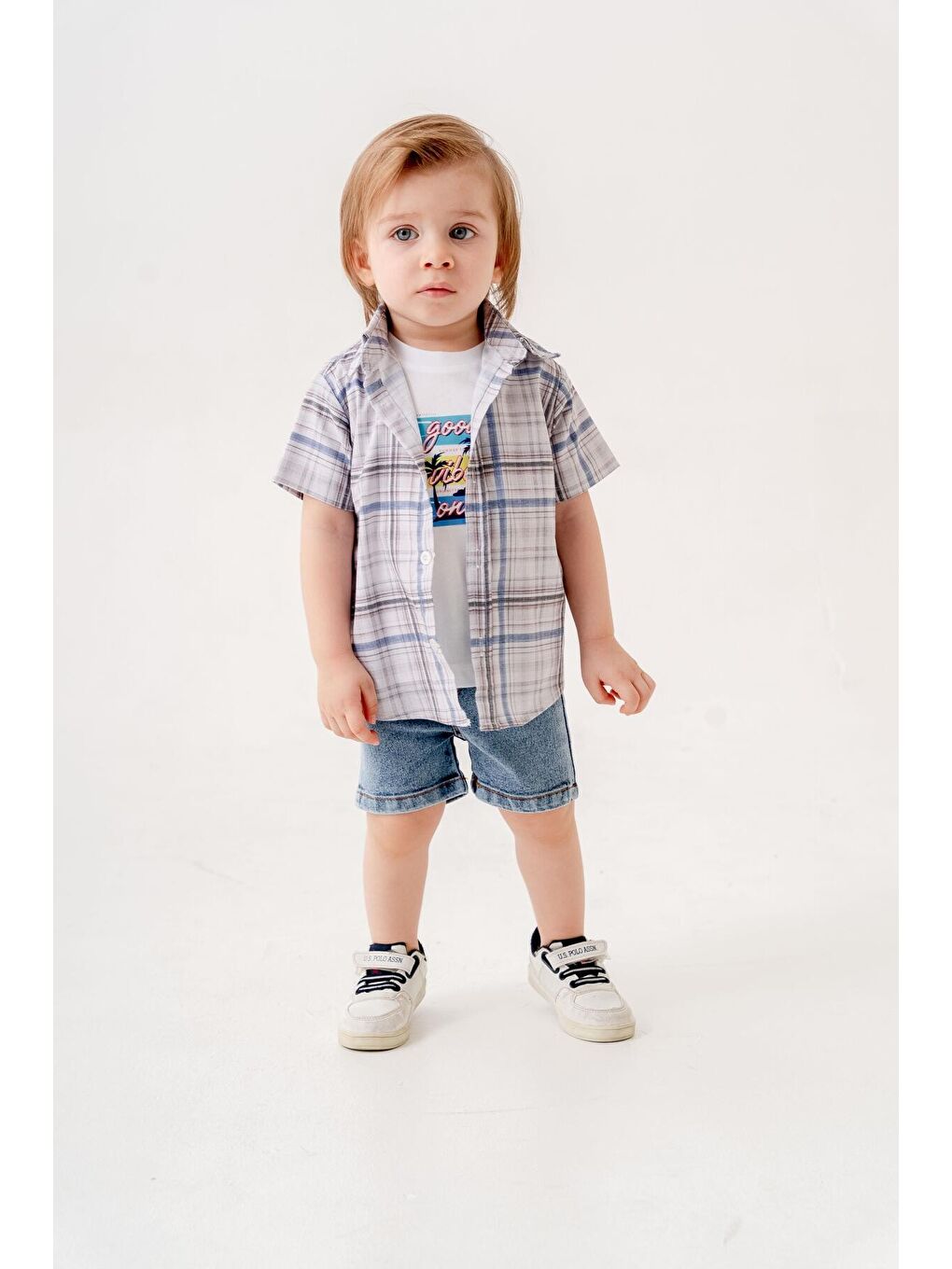 Sarı Tarz Gömlekli Kareli Belden Ayarlanabilir Kısa Kollu Şortlu 3'lü Takım Bayramlık Düğünlük