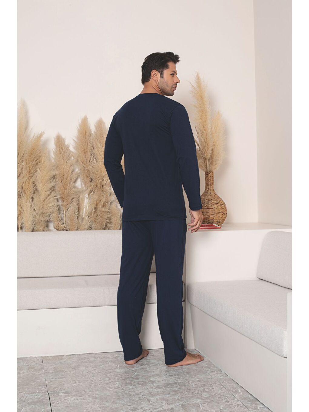 Erkek %100 Pamuk Lacivert Uzun Kollu Kaliteli Rahat Pijama Takımı-3