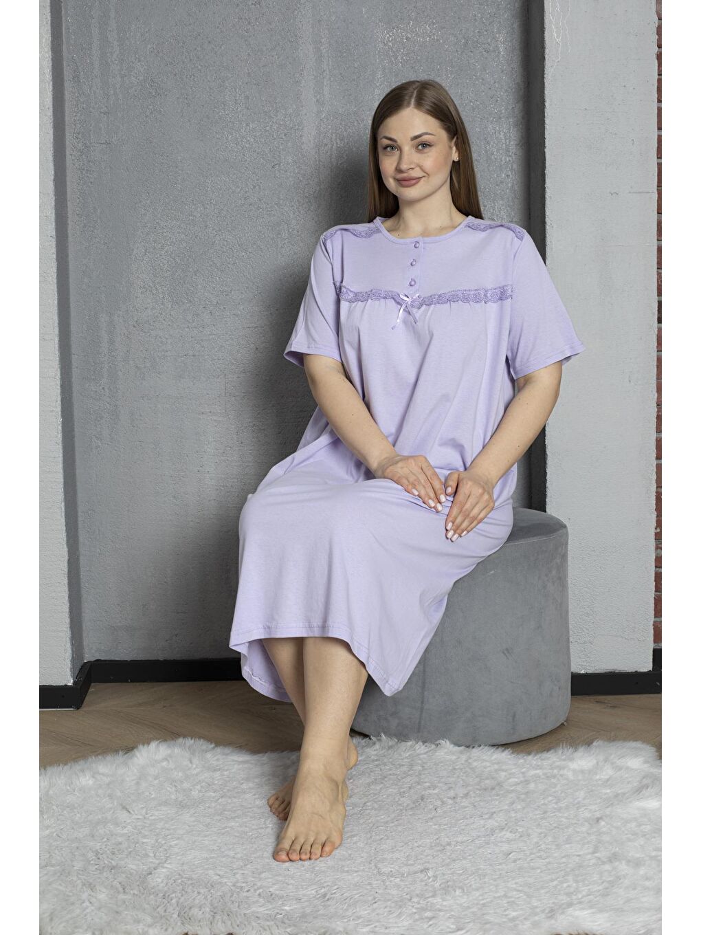 Lila %100 Pamuklu Penye Kısa Kollu Büyük Beden Anne Geceliği 520-5