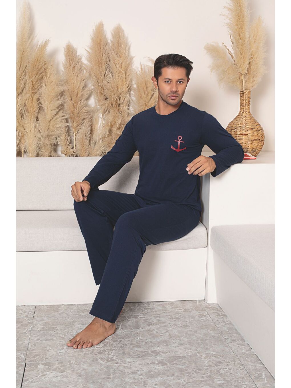 Erkek %100 Pamuk Lacivert Uzun Kollu Kaliteli Rahat Battal Pijama Takımı-2