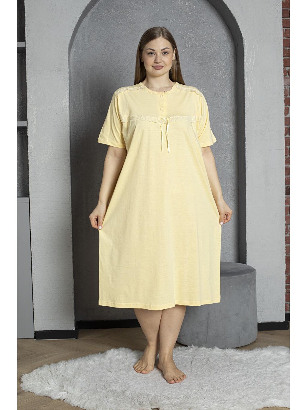 Sarı %100 Pamuklu Penye Kısa Kollu Büyük Beden Anne Geceliği 520