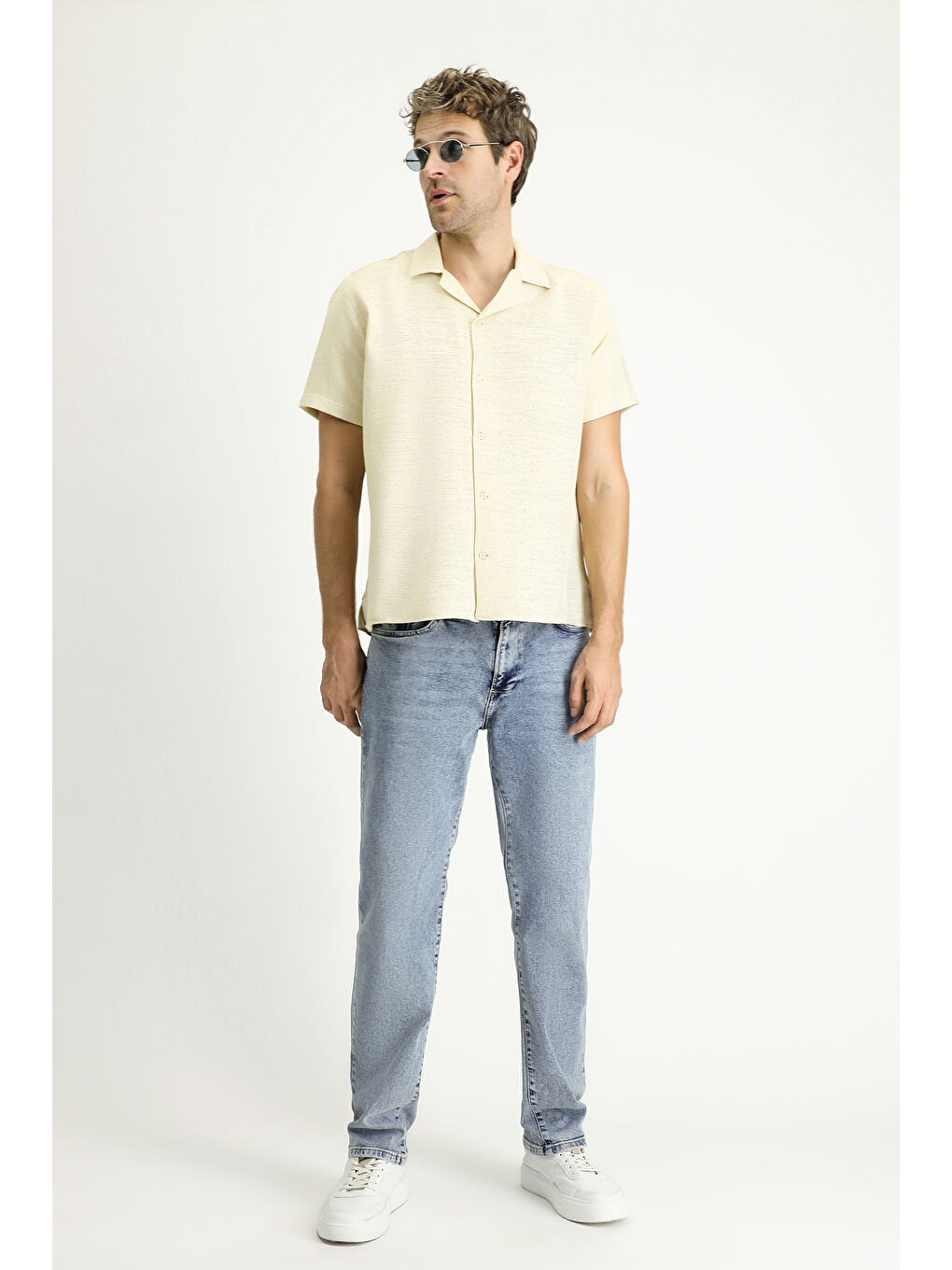 Sarı Kısa Kol Regular Fit Desenli Spor Pamuklu Kolay Ütülenebilir Gömlek-1