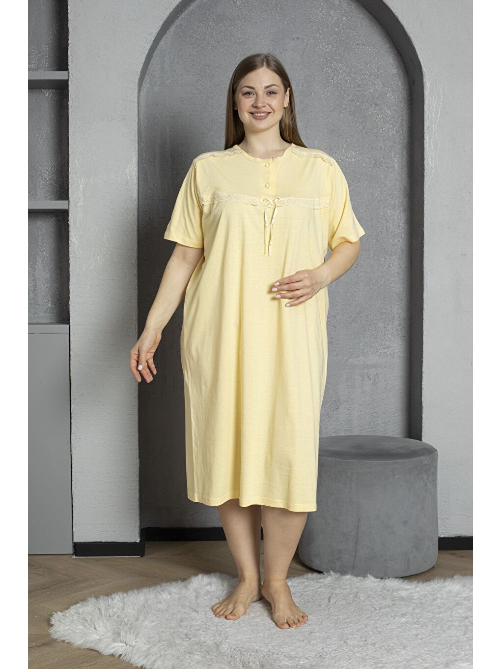 Sarı %100 Pamuklu Penye Kısa Kollu Büyük Beden Anne Geceliği 520-1
