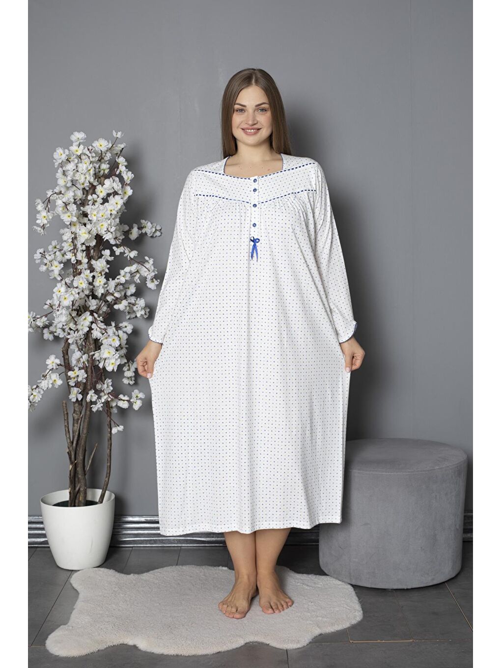 Mavi %100 Pamuklu Mevsimlik Penye Uzun Kollu Büyük Beden Anne Geceliği 1330