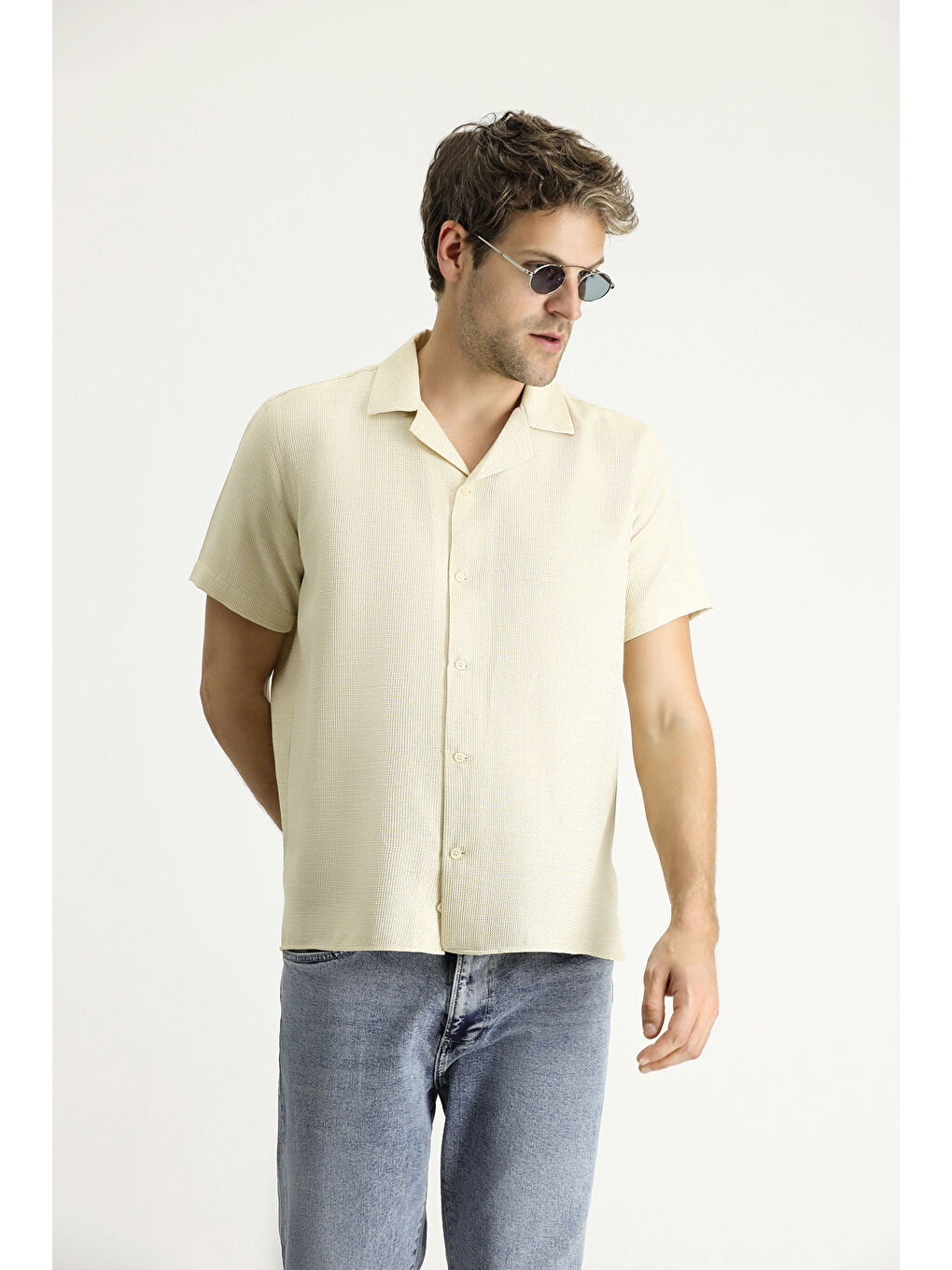 Sarı Kısa Kol Regular Fit Desenli Spor Pamuklu Kolay Ütülenebilir Gömlek-2