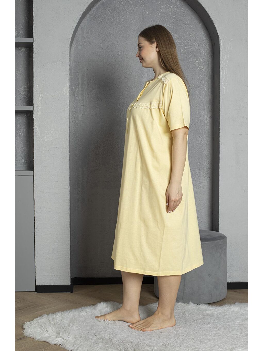 Sarı %100 Pamuklu Penye Kısa Kollu Büyük Beden Anne Geceliği 520-3