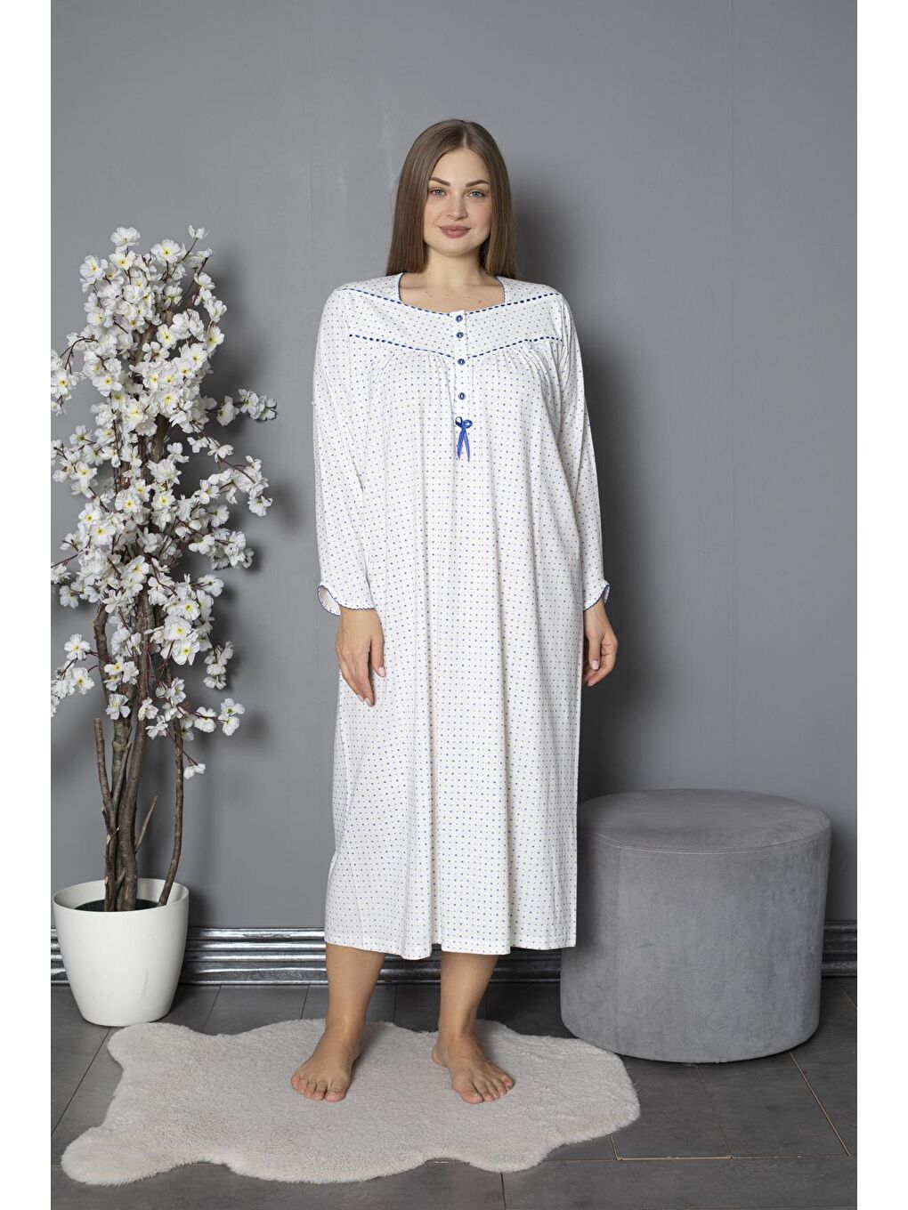 Mavi %100 Pamuklu Mevsimlik Penye Uzun Kollu Büyük Beden Anne Geceliği 1330-1