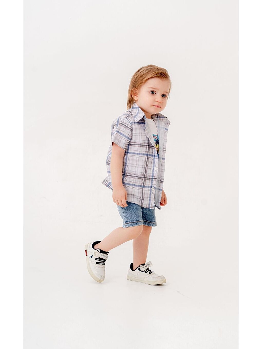 Sarı Tarz Gömlekli Kareli Belden Ayarlanabilir Kısa Kollu Şortlu 3'lü Takım Bayramlık Düğünlük-1