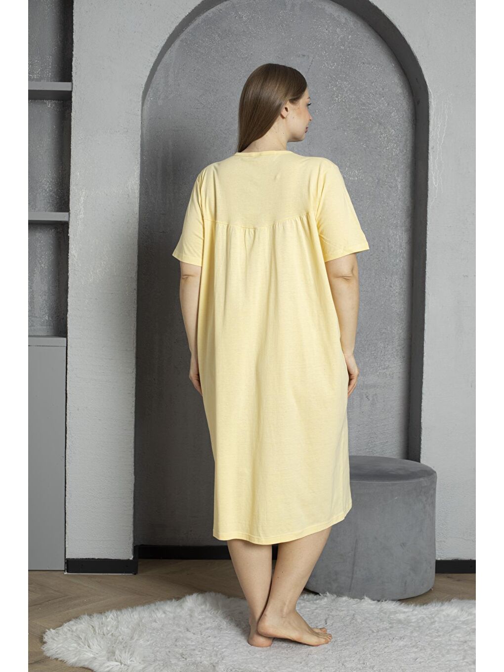 Sarı %100 Pamuklu Penye Kısa Kollu Büyük Beden Anne Geceliği 520-4