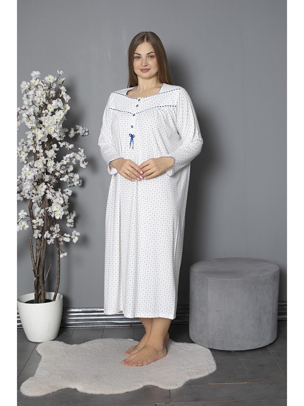 Mavi %100 Pamuklu Mevsimlik Penye Uzun Kollu Büyük Beden Anne Geceliği 1330-2