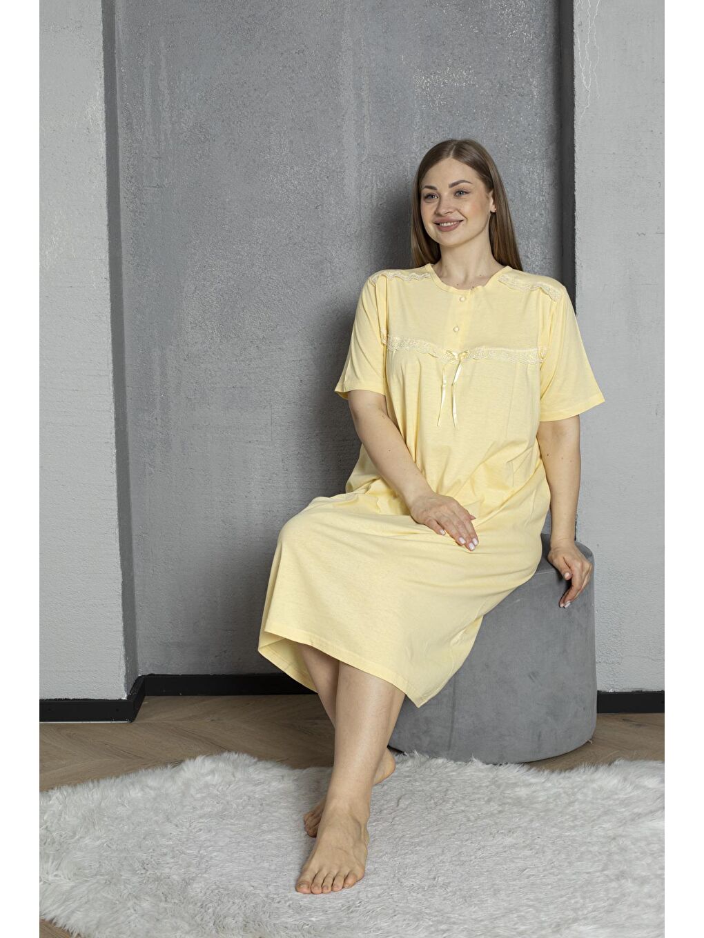 Sarı %100 Pamuklu Penye Kısa Kollu Büyük Beden Anne Geceliği 520-5