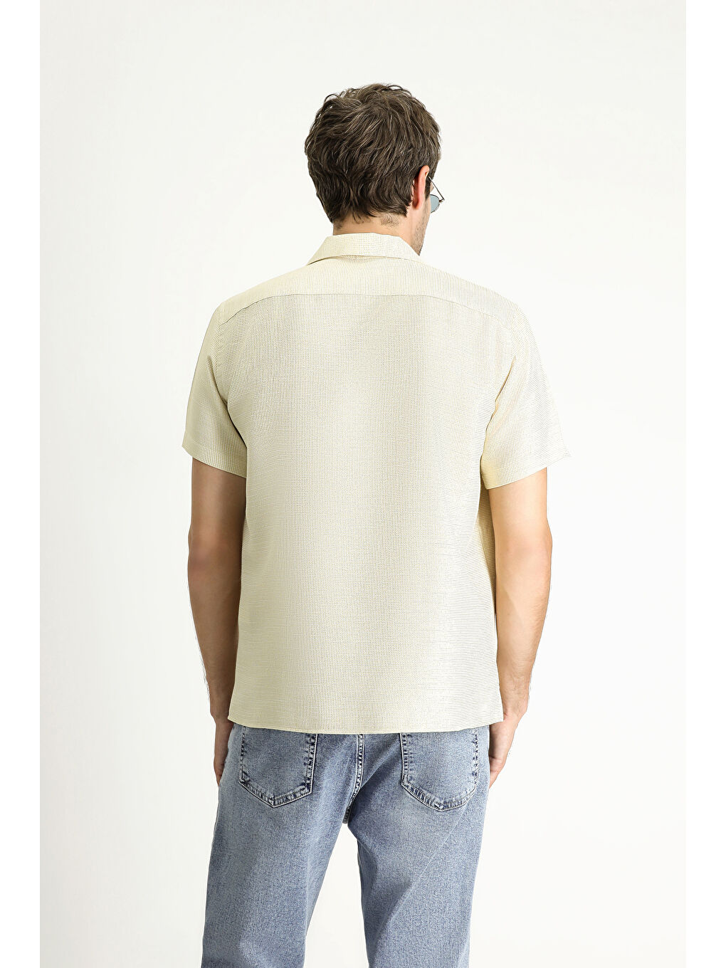 Sarı Kısa Kol Regular Fit Desenli Spor Pamuklu Kolay Ütülenebilir Gömlek-3