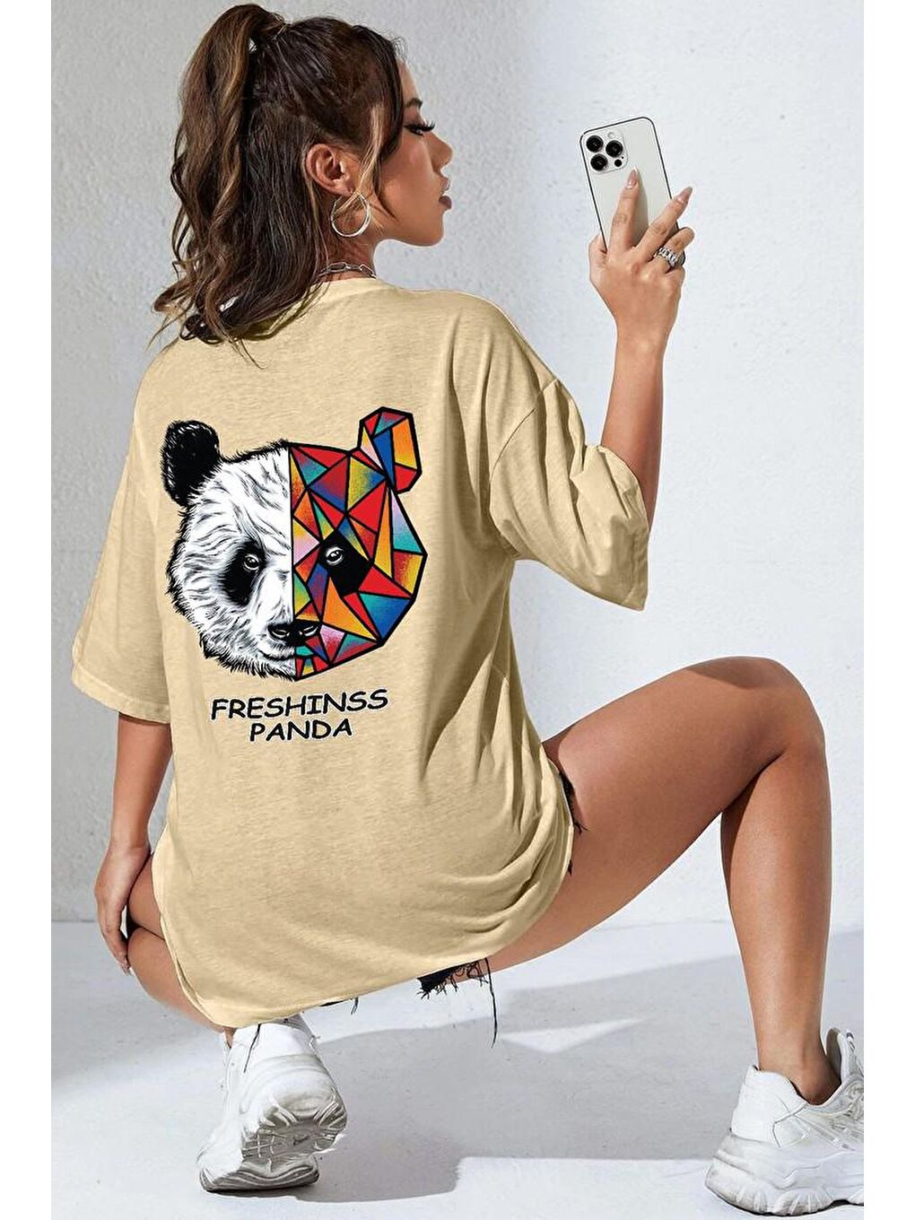 Bej Unisex Panda Baskılı T-shirt-1